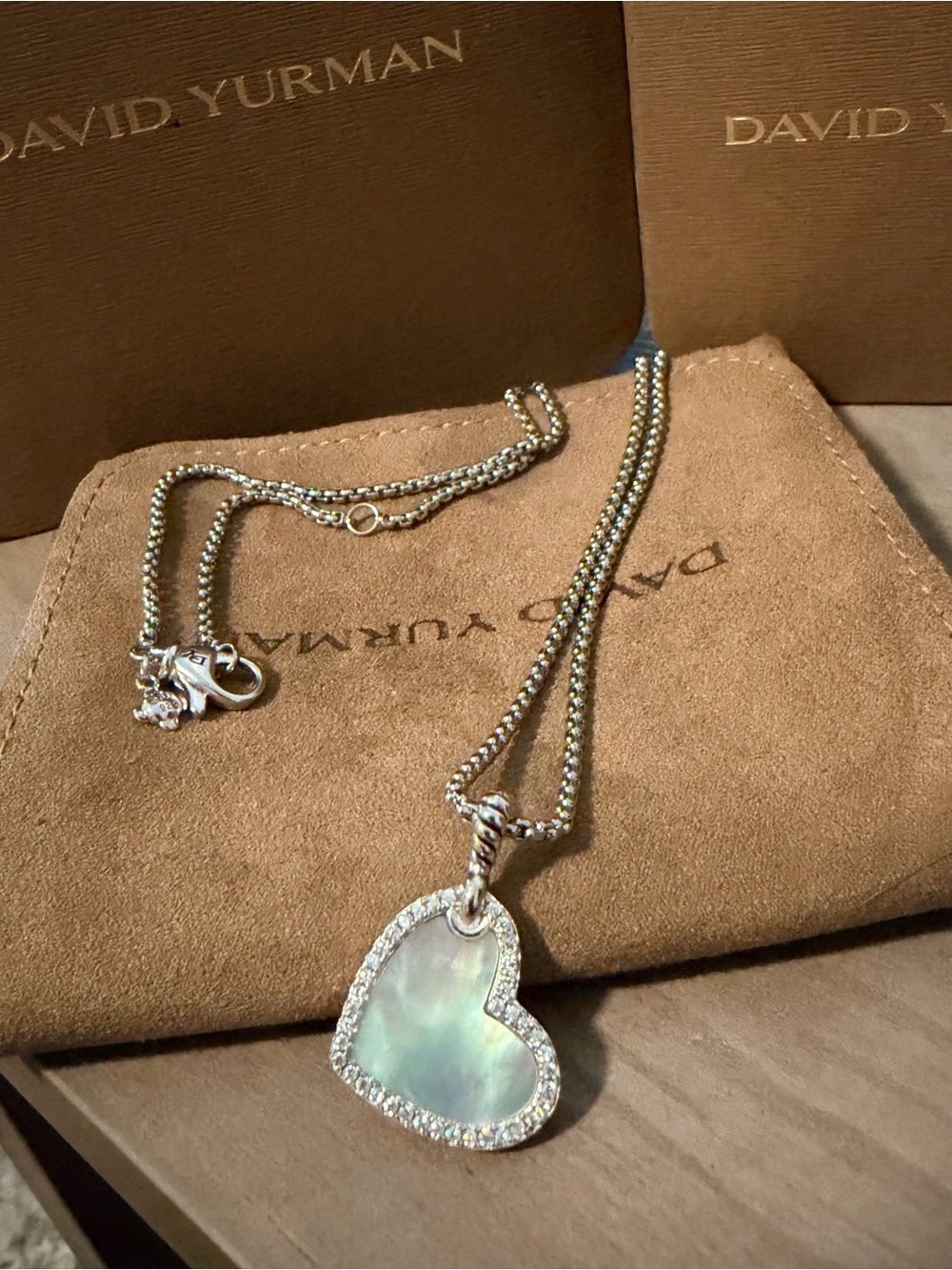David Yurman Silver Heart Necklace with Iridescent Mother-of-Pearl